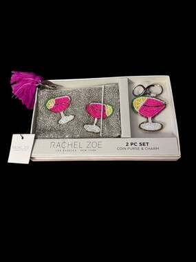 Rachel Zoe Beaded Pink Martini Cocktail Coin Purse and Keychain Charm 2-Piece Se